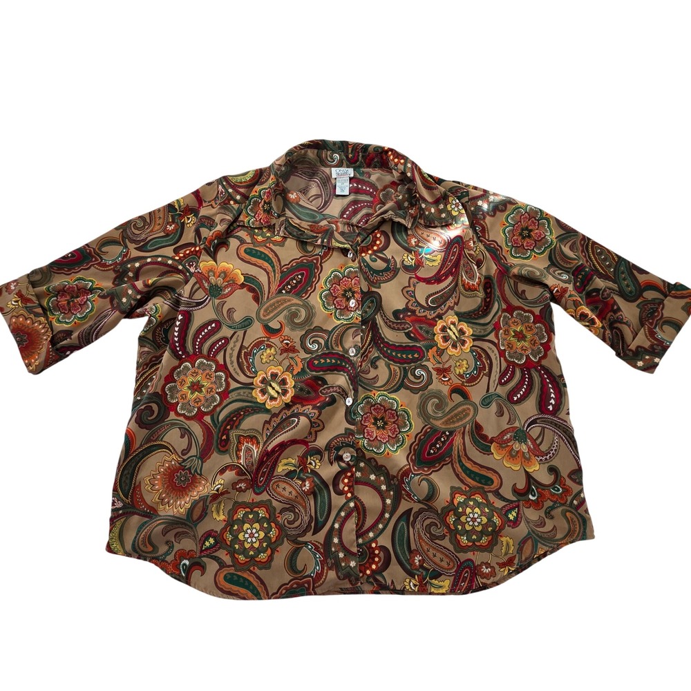 Button Up Shirt Paisley Floral Print 2XL Tan Brown Boho Overshirt Western Groovy
